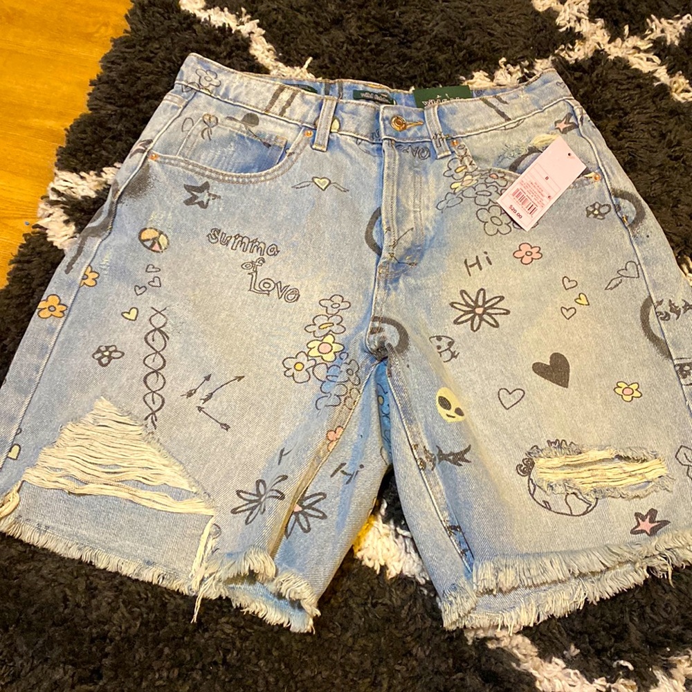 Graphic Stamped Jean Shorts
